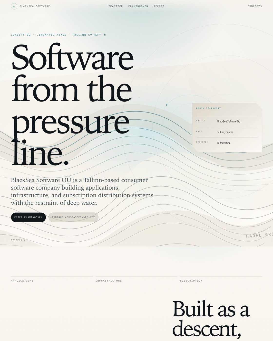 Cinematic Abyss on light paper: pale wave field, serif headline, descending cards