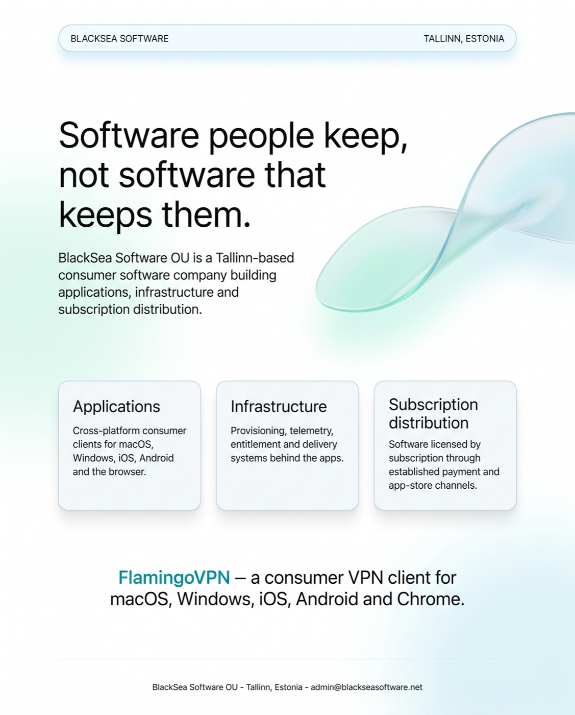 Soft Product direction: white background, mint glass wave, rounded feature cards