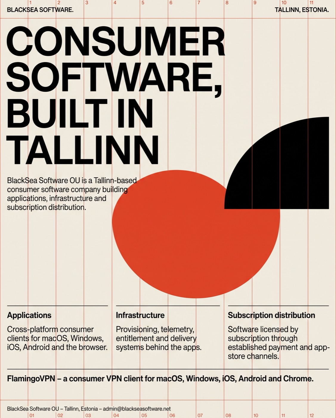 Swiss Poster direction: cream background, visible column grid, vermilion geometry, oversized grotesque headline