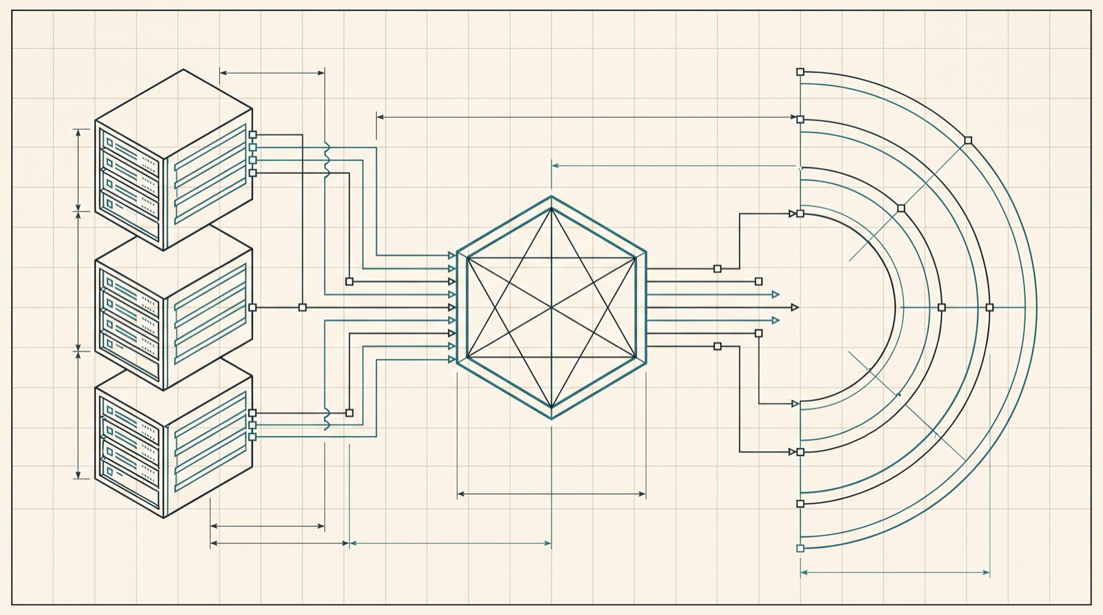 Isometric line diagram of servers, a routing hub and a delivery edge